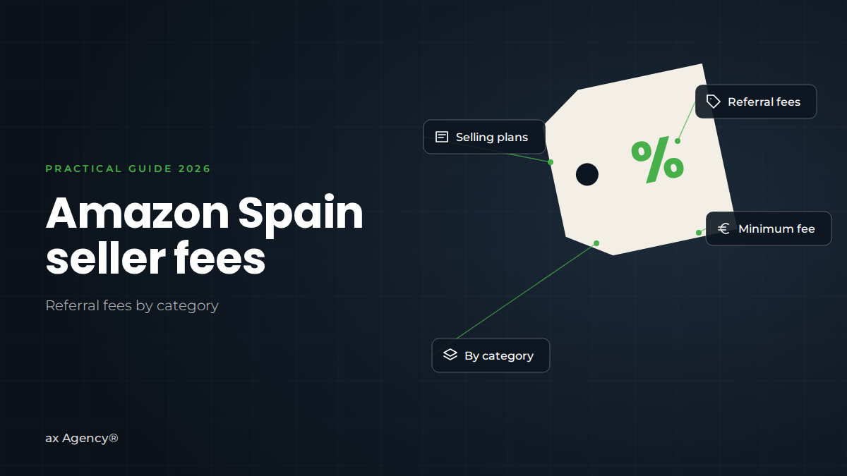 Price tag with a percentage sign and the tags referral fees, minimum fee, selling plans and by category, next to the title ‘Amazon Spain seller fees’