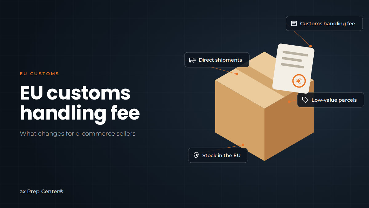Cardboard box with a customs document and the tags customs handling fee, low-value parcels, direct shipments and stock in the EU, next to the title ‘EU customs handling fee’