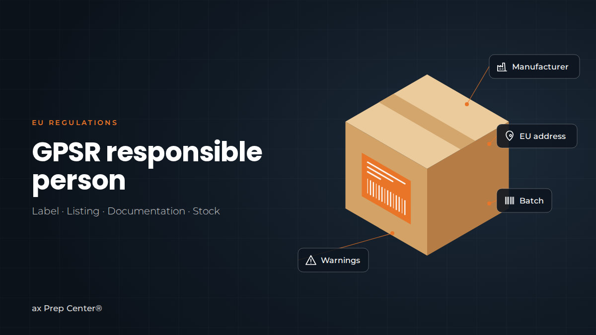 Cardboard box with an orange label and the tags manufacturer, EU address, batch and warnings, next to the title ‘GPSR responsible person’