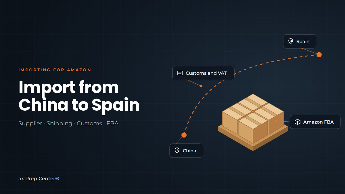 Pallet of boxes on a route from China to Spain with the tags customs and VAT and Amazon FBA, next to the title ‘Import from China to Spain’