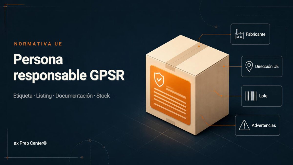 Persona responsable GPSR en Amazon: caja de producto con etiqueta de fabricante, dirección en la UE, lote y advertencias