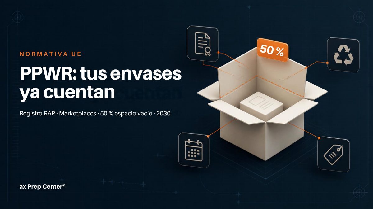 PPWR ecommerce: caja de envío isométrica con etiqueta 50 % de espacio vacío e iconos de registro RAP, reciclaje, calendario y etiqueta